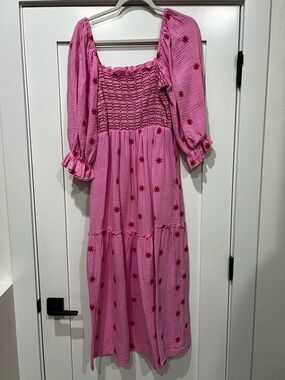 Pink Smocked Puff-Sleeve Maxi Dress